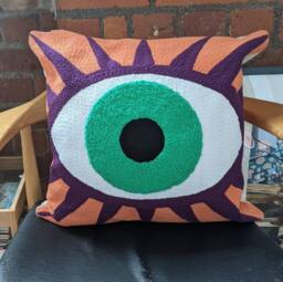 The Original Hand Tufted Evil Eye Cushion. Embroidered Cushion, Eyeball, Colourful Decor Punch Needle Design Orange Turquoise Purple - thumbnail 1