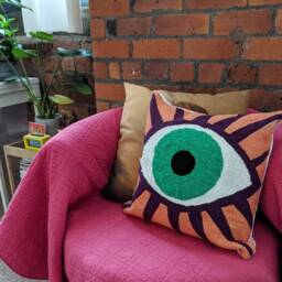 The Original Hand Tufted Evil Eye Cushion. Embroidered Cushion, Eyeball, Colourful Decor Punch Needle Design Orange Turquoise Purple - thumbnail 2