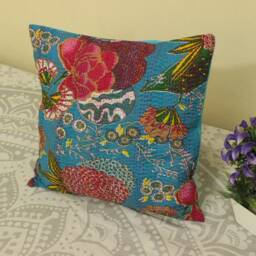 Handmade Kantha Pillow Cover 24x24 Boho Floral Accent Cushion - thumbnail 2