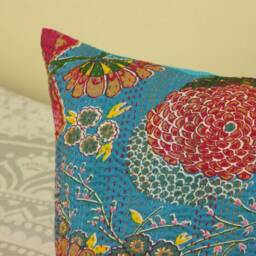 Handmade Kantha Pillow Cover 24x24 Boho Floral Accent Cushion - thumbnail 3