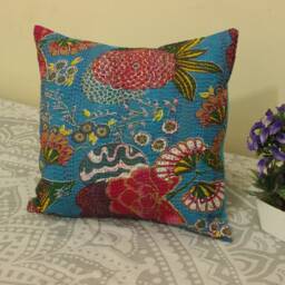 Handmade Kantha Pillow Cover 24x24 Boho Floral Accent Cushion - thumbnail 1