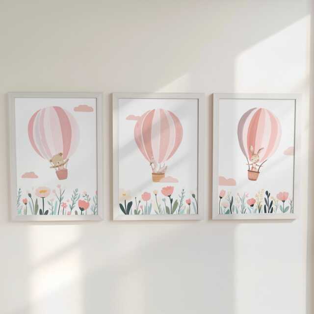 Pink Hot Air Balloon Girls Nursery Prints, Set Of 3 Personalised Kids Decor Wall Art, Optional Frame, Wildflowers Bedroom Playroom Posters - image 1