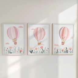Pink Hot Air Balloon Girls Nursery Prints, Set Of 3 Personalised Kids Decor Wall Art, Optional Frame, Wildflowers Bedroom Playroom Posters - thumbnail 1