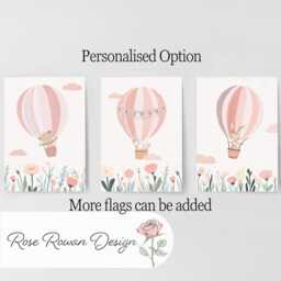 Pink Hot Air Balloon Girls Nursery Prints, Set Of 3 Personalised Kids Decor Wall Art, Optional Frame, Wildflowers Bedroom Playroom Posters - thumbnail 3