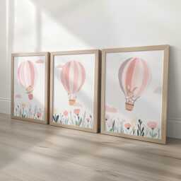 Pink Hot Air Balloon Girls Nursery Prints, Set Of 3 Personalised Kids Decor Wall Art, Optional Frame, Wildflowers Bedroom Playroom Posters - thumbnail 2