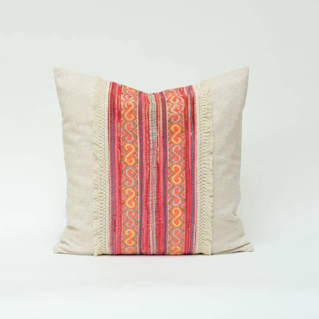 Vintage Hmong Embroidered Hemp Pillow Cover, Rustic Tassel Cushion - image 1