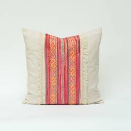 Vintage Hmong Embroidered Hemp Pillow Cover, Rustic Tassel Cushion - thumbnail 1