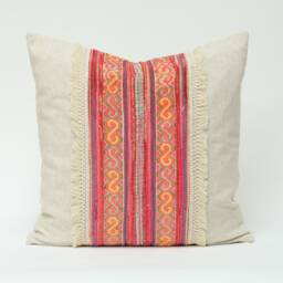 Vintage Hmong Embroidered Hemp Pillow Cover, Rustic Tassel Cushion - thumbnail 2
