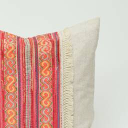 Vintage Hmong Embroidered Hemp Pillow Cover, Rustic Tassel Cushion - thumbnail 3