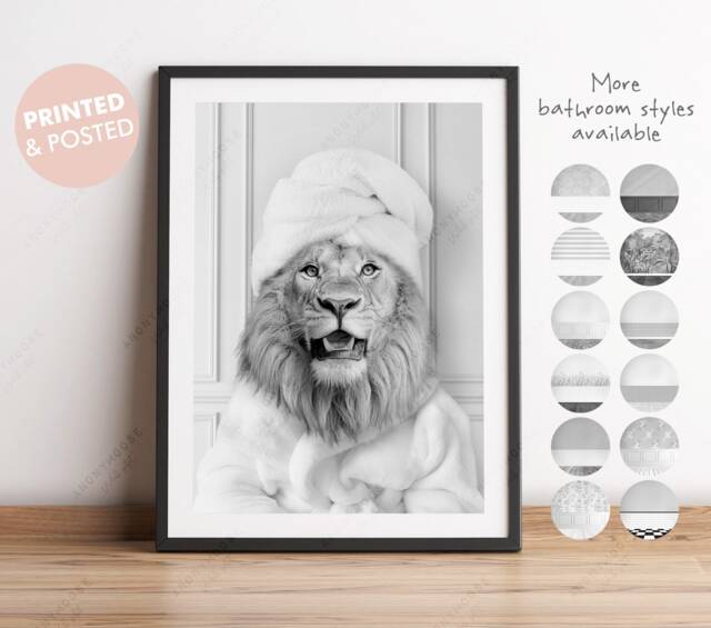 Black & White Lion in A Bathrobe Print, Bathing, Funny Bathroom Animal Towel On Head, Bath Robe, Whimsy - image 1