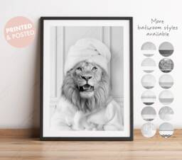 Black & White Lion in A Bathrobe Print, Bathing, Funny Bathroom Animal Towel On Head, Bath Robe, Whimsy - thumbnail 1