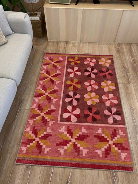 Vintage Floral Chenille Rug Pink Brown Geometric Carpet - image 1