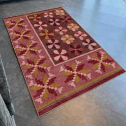 Vintage Floral Chenille Rug Pink Brown Geometric Carpet - thumbnail 3