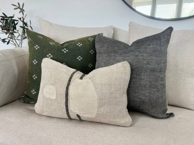 Throw Pillow Combo. Vintage Grain Sack, Indian Block Print, & Linen