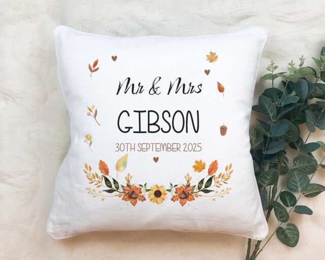 Personalised Wedding Cushion Autumn Print Mr & Mrs Gift - image 1
