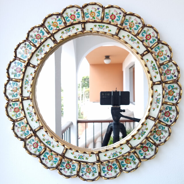 Peruvian Ivory Harmonious Mirror 50 cm Handmade Wall Decor - Carved Wood Round Elegant Statement For Living Room Bathroom - image 1