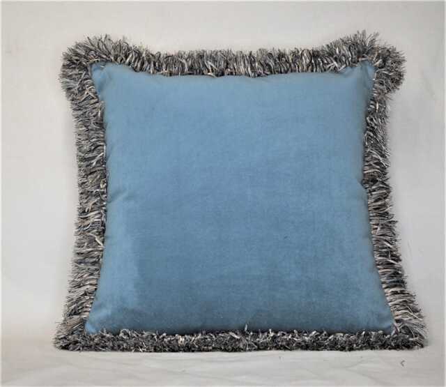 Light Blue Velvet Decorative Pillow With Beige Ribbon Fringe For Sofa Or Chair Handmade Usa