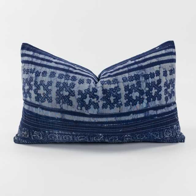 Indigo Batik Pillow Cover - Hmong Hill Tribe Textile, Rustic Ethnic Decor - 12x20 - image 1