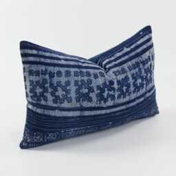 Indigo Batik Pillow Cover - Hmong Hill Tribe Textile, Rustic Ethnic Decor - 12x20 - thumbnail 3
