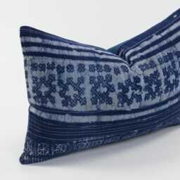 Indigo Batik Pillow Cover - Hmong Hill Tribe Textile, Rustic Ethnic Decor - 12x20 - thumbnail 4