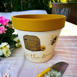 Save The Bees Terracotta Flower Plant Pot, Bee Themed Gardening Decorated Planter, Gifts