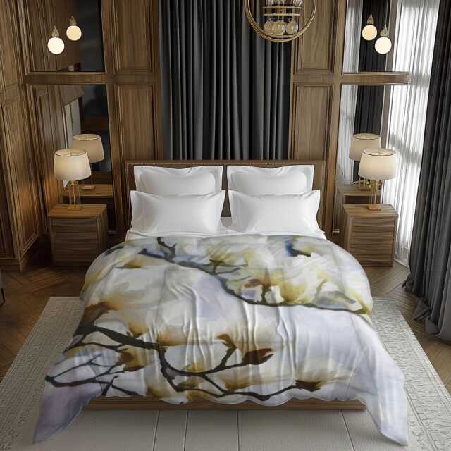 Blooming White Magnolia Flowers Painting Comforter, Aesthetic Bedding, Minimalist Monochrome Floral Twin Queen King #074 - image 1