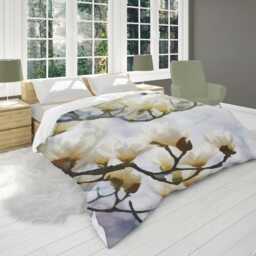 Blooming White Magnolia Flowers Painting Comforter, Aesthetic Bedding, Minimalist Monochrome Floral Twin Queen King #074 - thumbnail 2