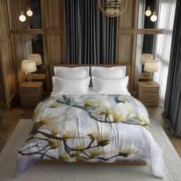 White Magnolia Floral Comforter With Large Painterly Blooms For Elegant Minimalist Bedrooms #074