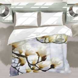 Blooming White Magnolia Flowers Painting Comforter, Aesthetic Bedding, Minimalist Monochrome Floral Twin Queen King #074 - thumbnail 3