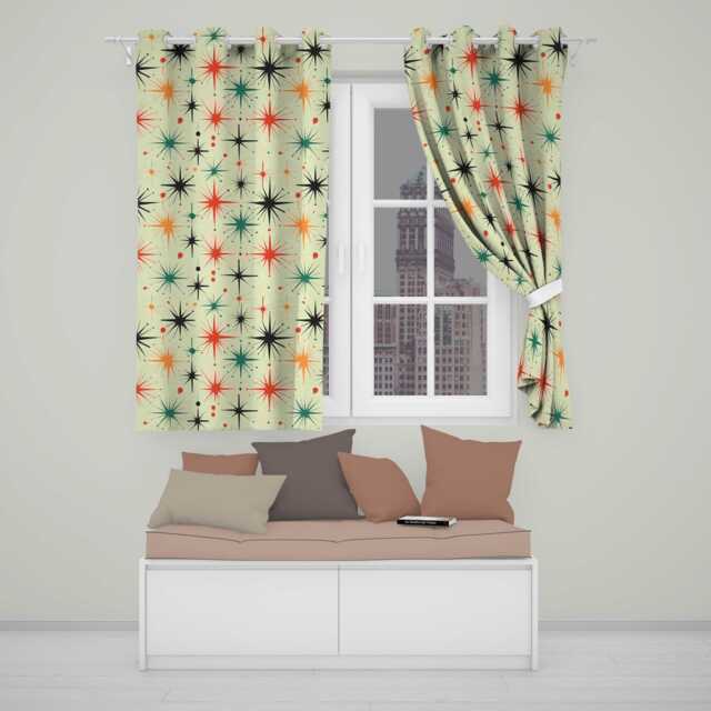 Abstract Atomic Starburst Mid Century Modern Seamless Pattern Readymade Eyelet Ring Top Thermal 100% Blackout Curtains - image 1
