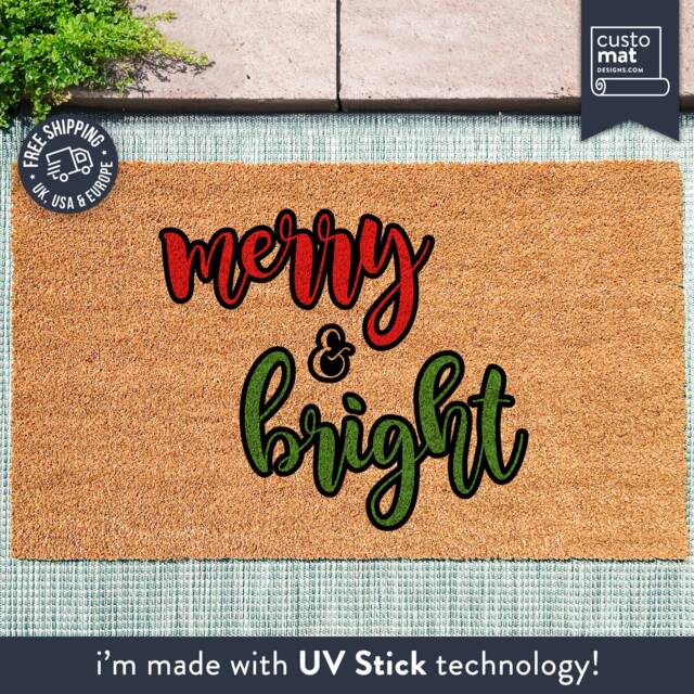 Merry & Bright Christmas Mat - Door Holiday Season Housewarming Gift- Decor Welcome - image 1