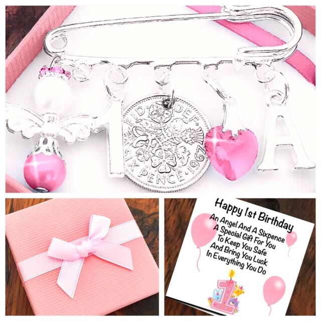 1st First Birthday, Angel, Initial Charm, Lucky Sixpence Gift, Safety Pin, Girl /Boy, Keepsake Gift Keyring, Box & Card - image 1