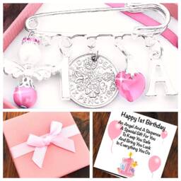 1st First Birthday, Angel, Initial Charm, Lucky Sixpence Gift, Safety Pin, Girl /Boy, Keepsake Gift Keyring, Box & Card