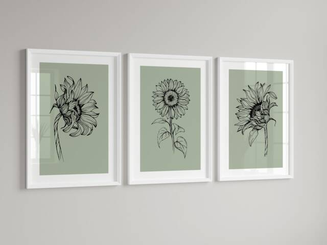 Set Of 3 Sage Sunflower Prints, Living Room Posters, Line Art Floral Decor, Gallery Wall, Minimalist, Framed Wall - image 1