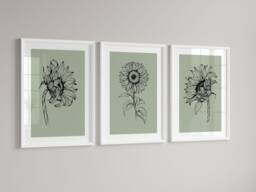 Set Of 3 Sage Sunflower Prints, Living Room Posters, Line Art Floral Decor, Gallery Wall, Minimalist, Framed Wall - thumbnail 1