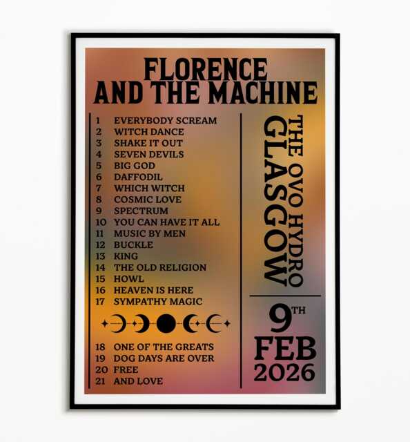Florence & The Machine Setlist Print 9Th Feb 2026 Glasgow Ovo Hydro - Indie Rock Music - image 1