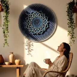Blue - White Wood Mandala, Geometric Wall Art, Yoga Decor - thumbnail 3