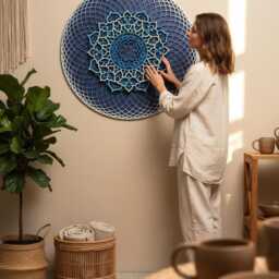 Blue - White Wood Mandala, Geometric Wall Art, Yoga Decor - thumbnail 2