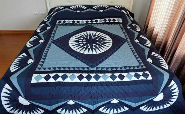 Mariner's Compass Star Quilt, Mariner Patchwork Amish Handmade Quilt, Blue King/ Queen Quilt Bedspread, Navy Bed Covers, Bedroom Decor - image 1
