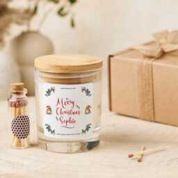 Personalised Merry Christmas Candle Gift For Her Mum Nanny Friend Colleague Employe Vegan Soy Wax - Free Package & Mini Matches Jar