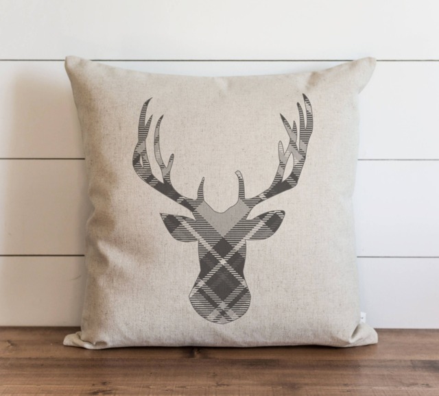 Gray Plaid Deer 20 X Pillow Cover // Christmas Holiday Winter Throw Gift Accent - image 1