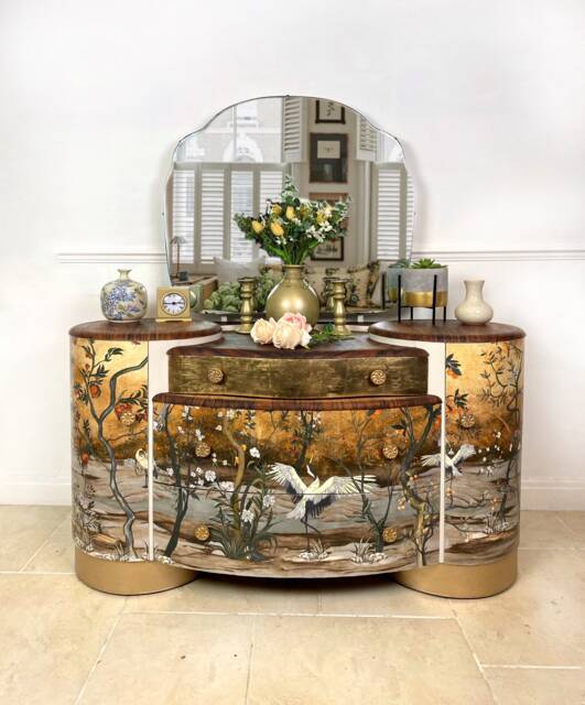 Made-To-Order Upcycled Vintage Shrager Dressing Table With Decoupaged Chinoiserie Mural & Gold Leaf Detail - image 1