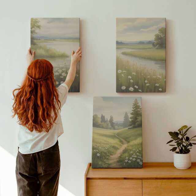 Canvas Art Set Of 3 - Spring Landscape With A River Path & Meadow Flowers, Green Print On Canvas, Landscapes Wall Decor - image 1