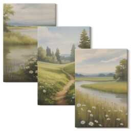 Canvas Art Set Of 3 - Spring Landscape With A River Path & Meadow Flowers, Green Print On Canvas, Landscapes Wall Decor - thumbnail 2