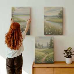 Canvas Art Set Of 3 - Spring Landscape With A River Path & Meadow Flowers, Green Print On Canvas, Landscapes Wall Decor - thumbnail 1