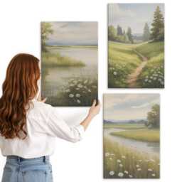 Canvas Art Set Of 3 - Spring Landscape With A River Path & Meadow Flowers, Green Print On Canvas, Landscapes Wall Decor - thumbnail 3