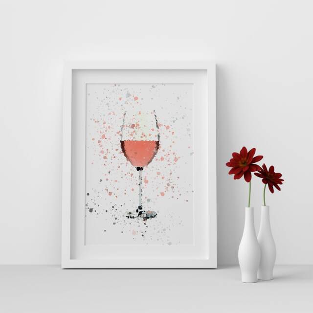 Ros?? Wine Glass Watercolour Splash A3, A4, 10x8, 8x6, 5x7 & 4x6 Wall Art Prints