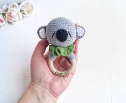 Koala Bear Baby Cotton Toy On Wood Ring, Safari Jungle Summer Shower Gift, Mom To Be Gift Package, Personalized For Pregnant Friend