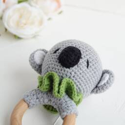 Koala Bear Baby Cotton Toy On Wood Ring, Safari Jungle Summer Shower Gift, Mom To Be Gift Package, Personalized For Pregnant Friend - thumbnail 3