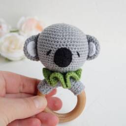 Koala Bear Baby Cotton Toy On Wood Ring, Safari Jungle Summer Shower Gift, Mom To Be Gift Package, Personalized For Pregnant Friend - thumbnail 2